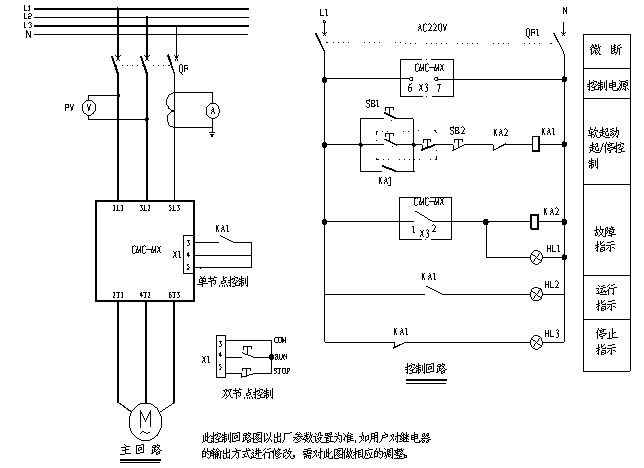 CMC-MX內(nèi)置旁路軟起動(dòng)器基本接線原理圖、三角形內(nèi)接連接圖和典型應(yīng)用接線圖(圖3)